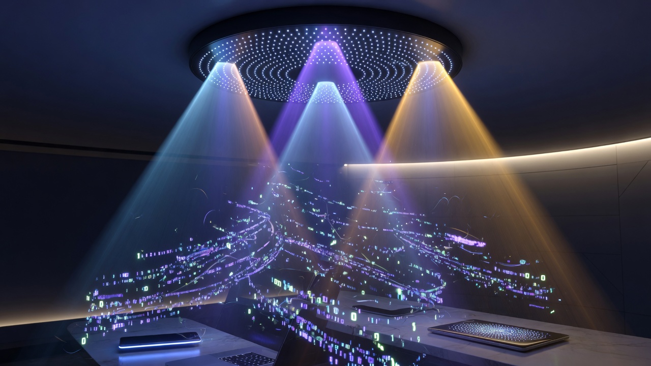 智能建築中 LED 燈具向下投射攜帶數據的可見光通訊概念視覺