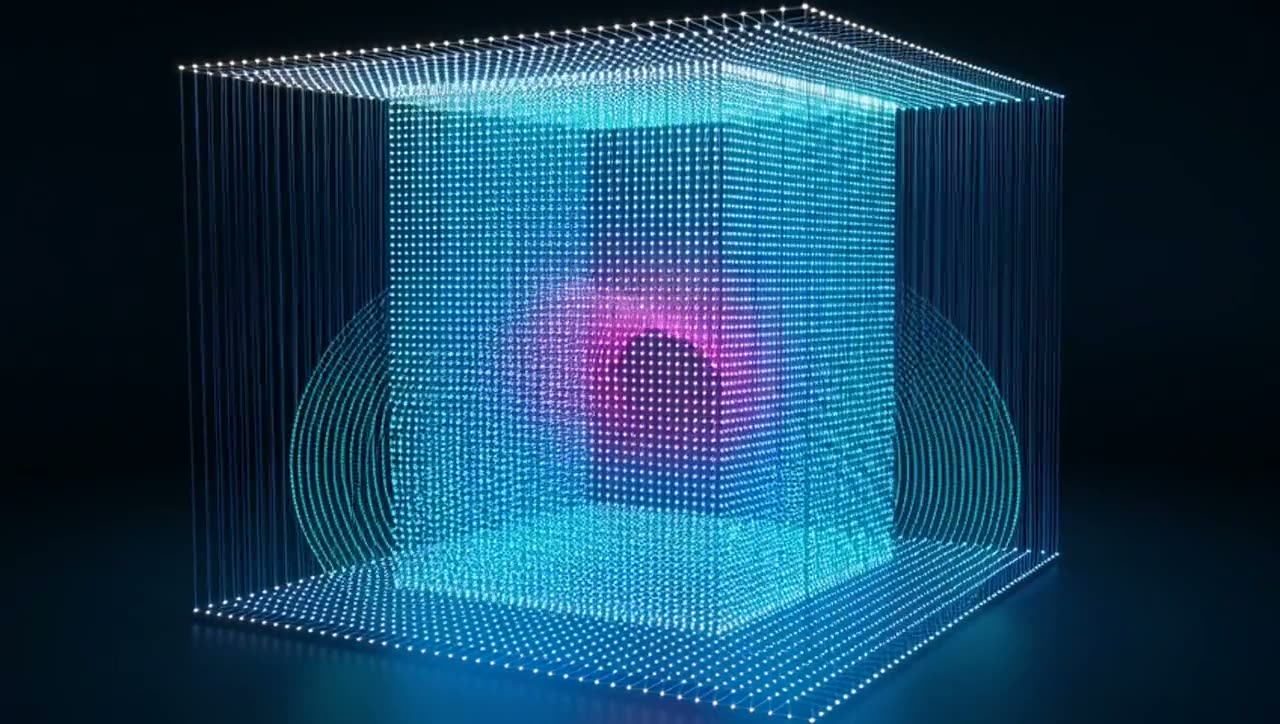 由數千顆可定址 LED 燈珠構成的 3D 立體光雕方陣，體積光在其中流動