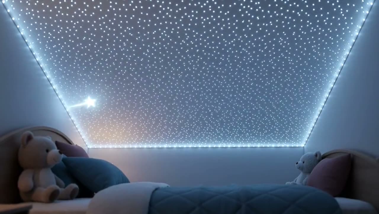 天花板上由可定址 LED 網燈構成的星空，流星劃過的動態畫面